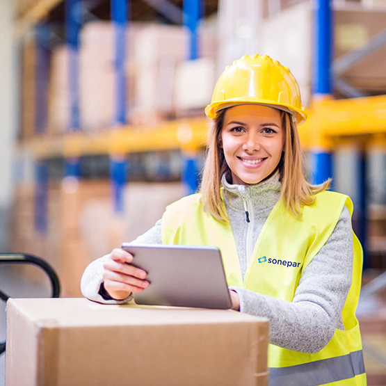 Young woman worker or supervisor with tablet. Warehouse workers controlling stock.